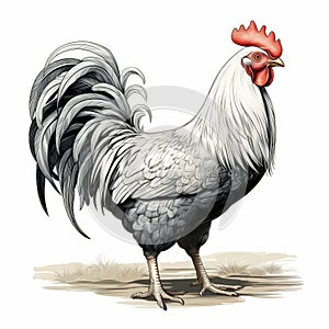 Realistic Brushwork: Black And White Rooster On White Background