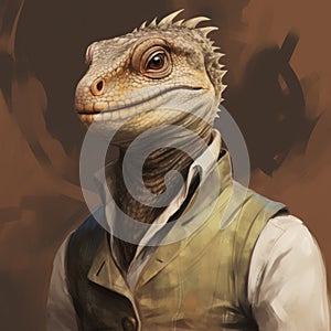 Realistic Brushwork Drawing Of A Smiling Teenage Basilisk In A Shirt And Vest