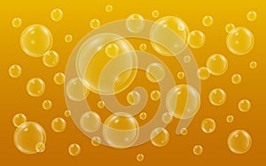 Realistic bubbles with reflection on yellow background. Beer bubbles background. Fizzing air in glass. Vector