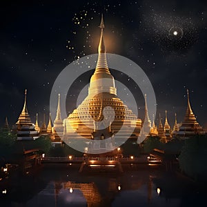 Realistic Buddhism golden pagoda at night scenery, Generative AI Illustrations