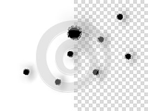 Realistic bullet holes from a firearm in a metal plate on transparent background