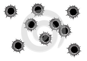 Realistic bullet holes on white background vector