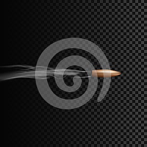 Realistic bullet in motion with smoke effect. Vector illustration isolated on transparent background