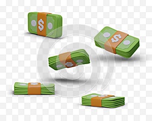 Realistic bundles of greenbacks tied with ribbon. Set of 3D stacks of dollars