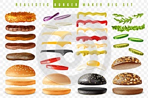 Realistic burger maker big transparent background set