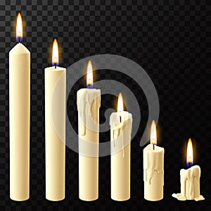 Realistic burning candle. Wax candles reflow stages, holiday xmas or church burning wick candles vector isolated