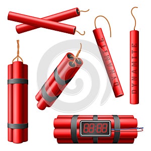 Realistic burning dynamite bomb sticks, 3d explosive red bomb with explosion timer. Dynamite military weapon, explosive