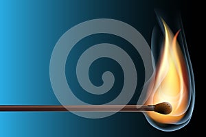 Realistic burning match on gradient background. Open flame. Light in the darkness. Vector Illustration, EPS10.