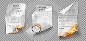 Realistic burning paper receipt, check and payment, page edges and hole with fire.
