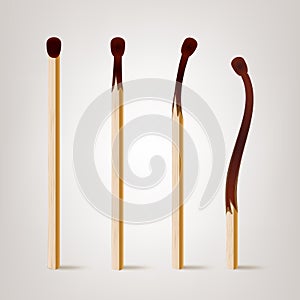 Realistic Burnt Match Vector. Various Stages Of Matches Burning Set Isolated. Realistic Illustration