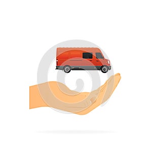 Realistic Bus mockup. Hand holding red cargo van for delivery. Vector illustration.