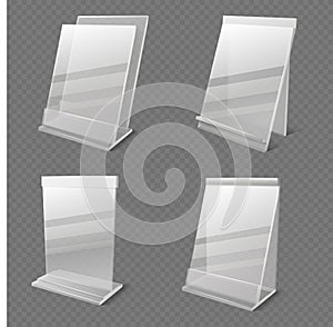 Realistic business information transparent plexiglass empty holders vector photo