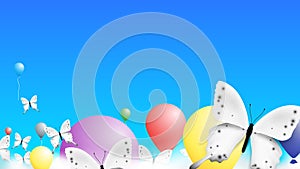 Realistic Butterfly And Colorful Baloons Climbing Over Clouds In the Sky. Modern Vector Background