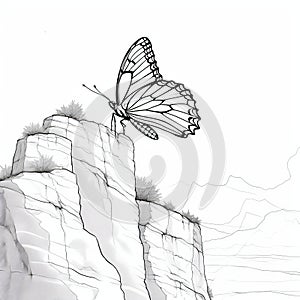 Realistic Butterfly Line Drawing On Rock: Whimsical Children\'s Book Illustration