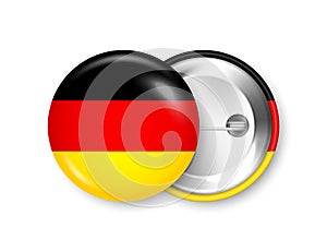Realistic button badge with printed German flag. Souvenir from Germany. Glossy pin badge with shiny metal clasp. Product
