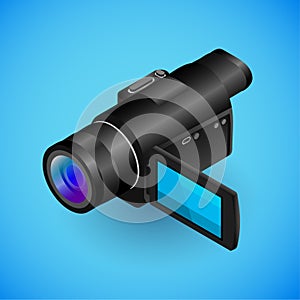 Realistic camera-recorder in isometry. Vector isometric illustration of electronic device, video camera 3d icon