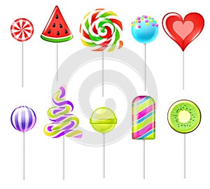 Realistic candies lollipops. 3D sweet colourful fruit caramels on sticks different types, christmas cane, round spiral, red heart