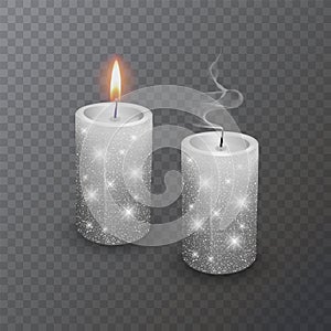 Realistic candle, Burning White candle and an extinct candle with glittering texture on dark background, vector illustration