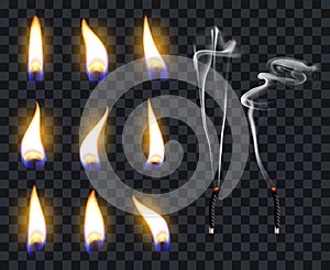 Realistic candle flames. Candlelight fire flame, candles warm burn. Fire transparent illuminate flames vector