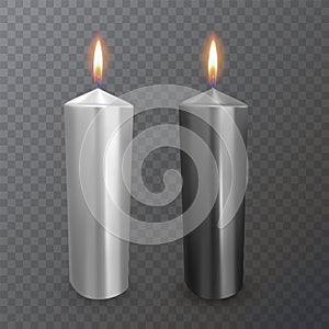 Realistic candles of black and white colors, Burning candles on dark background, paraffin or wax on transparent background. Vector