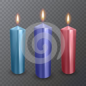 Realistic candles of blue, purple and red colors, Burning candles on dark background, paraffin or wax on transparent background.