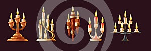 Realistic candles in candlesticks set. Retro vintage candle holders, chandelier and candelabrums with burning flames. Household