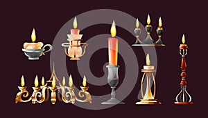 Realistic candles in candlesticks set. Retro vintage candle holders, chandelier and candelabrums with burning flames. Household