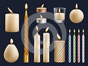 Realistic candles. Church wax candles collection birthday celebration fire items lighting glow effects decent vector