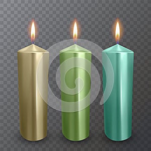 Realistic candles of gold, green and blue colors, Burning candles on dark background, paraffin or wax on transparent background.