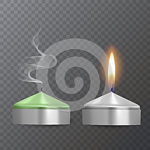 Realistic candles of green and white colors, Burning and extinguished candles on dark background, paraffin or wax on transparent