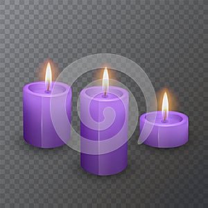 Realistic candles of purple color, Burning candles on dark background, vector illustration