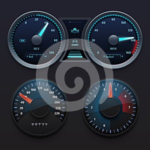 Realistic car dashboard speedometers with dial meter. Rapid symbols vector set