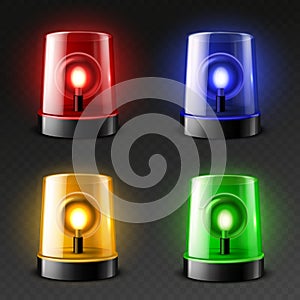 Realistic car flasher sirens. 3d emergency services color lamps, danger rotating lights, green, orange, red and blue