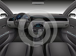 Realistic car interior with rudder, dashboard front panel and auto windshield vector illustration