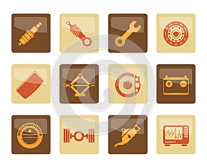 Realistic Car Parts and Services icons over brown background