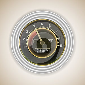 Realistic car speedometer interface with a transmission steps on gray gradient fond vector illustration