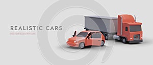 Realistic car and truck. Vehicles ready for travel. Passenger and cargo transportation