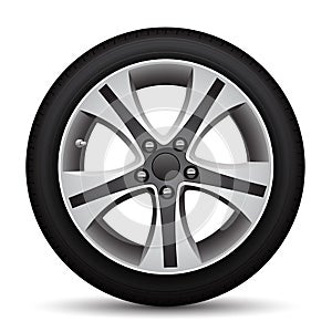 Realistic car wheel alloy black tire on white background vector