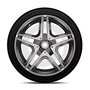 Realistic car wheel alloy with tire sport design on white background vector photo