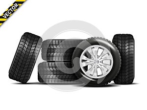 Realistic car wheels set with alloy rims, front and side view composition. Isolated vector on a white background