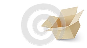 Realistic cardboard brown delivery box with shadow isolated on white background. Open box. Vector illustration