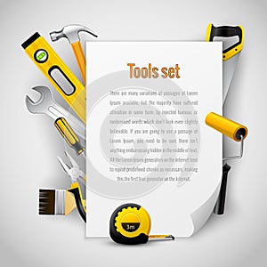 Realistic carpenter tools background frame