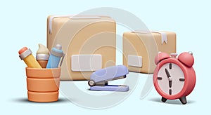 Realistic cartoon boxes, blue stapler, red clock, orange cup with pencil, brush, and pen