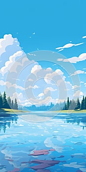 Realistic Cartoon Illustration Of A Beautiful Lake And Trees