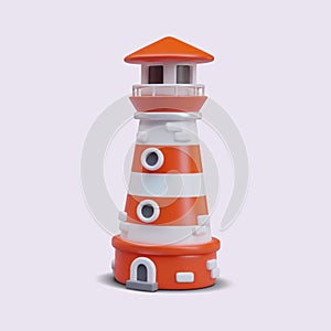 Realistic cartoon lighthouse on pink background. Light as guide to the sea