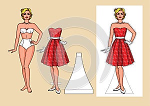 Realistic cartoon paper doll with clothes of background