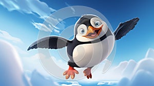 Realistic Cartoon Penguin Flying In The Sky With Red Tail