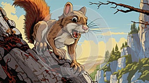 Realistic Cartoon Squirrel On Mountain: Hyper-detail Illustration