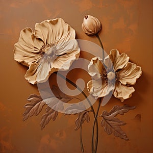 Realistic Carved Flower Art On Brown Surface - Terracotta Sculpture