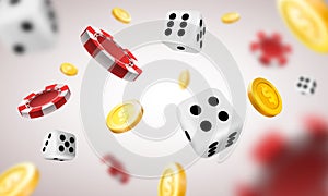 Realistic casino background with flying chips, golden coins and dice. Poker winning money prize explosion. 3d gambling